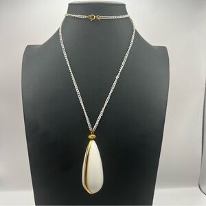 Vintage Monet Midcentury Modern White Lucite Pendant Necklace Gold Tone Accents